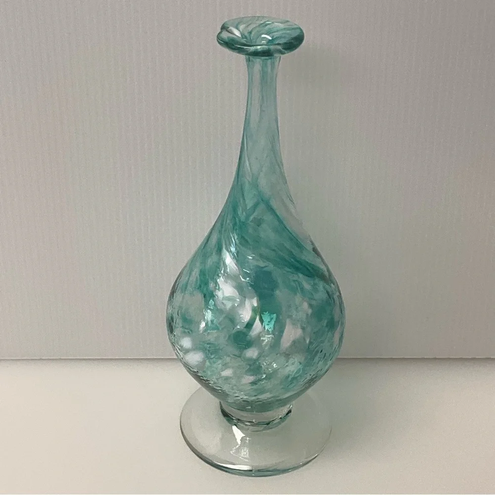 LC ROFF Vase Hand Blown Glass Teardrop Signed Swirls 9” Tall Aqua